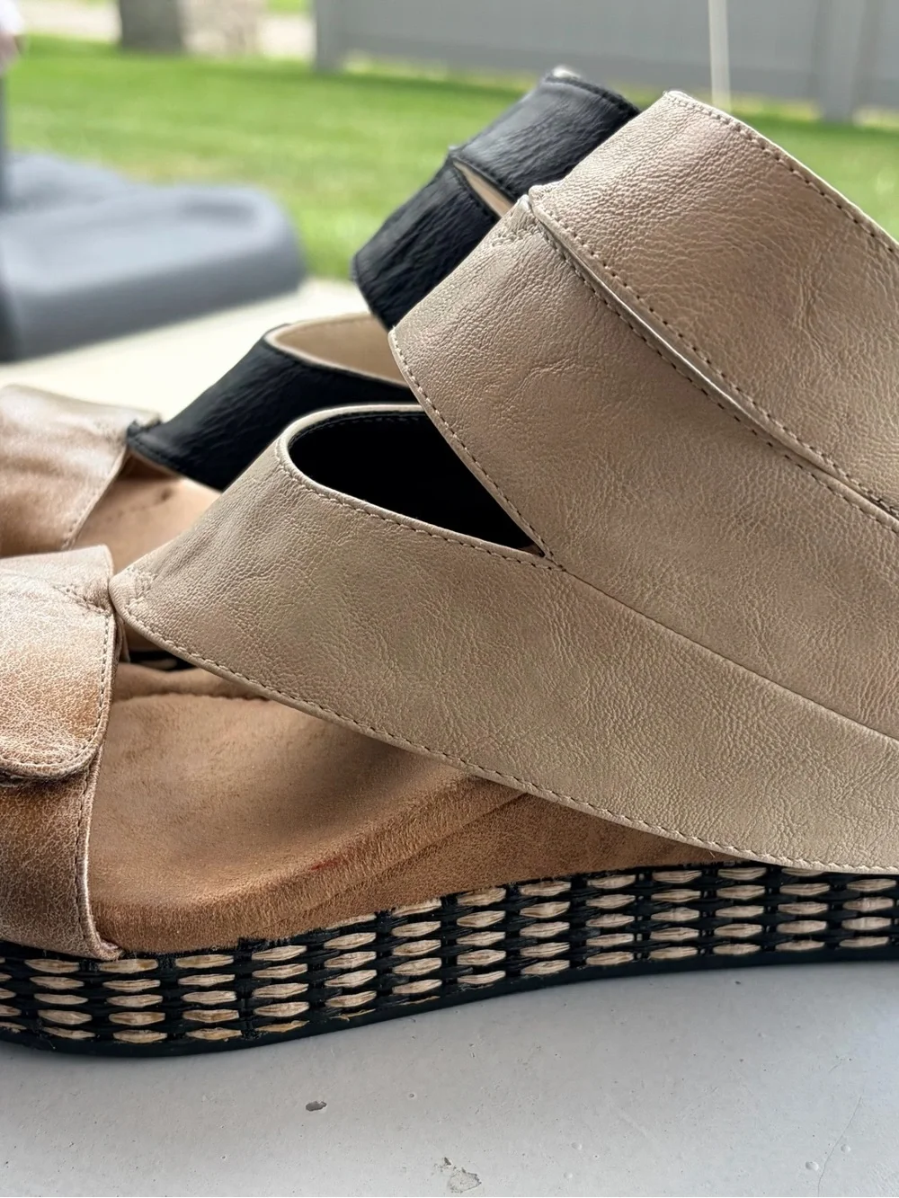 Women’s Modzori Black and Tan Reversible Cutout Wedge Sandals